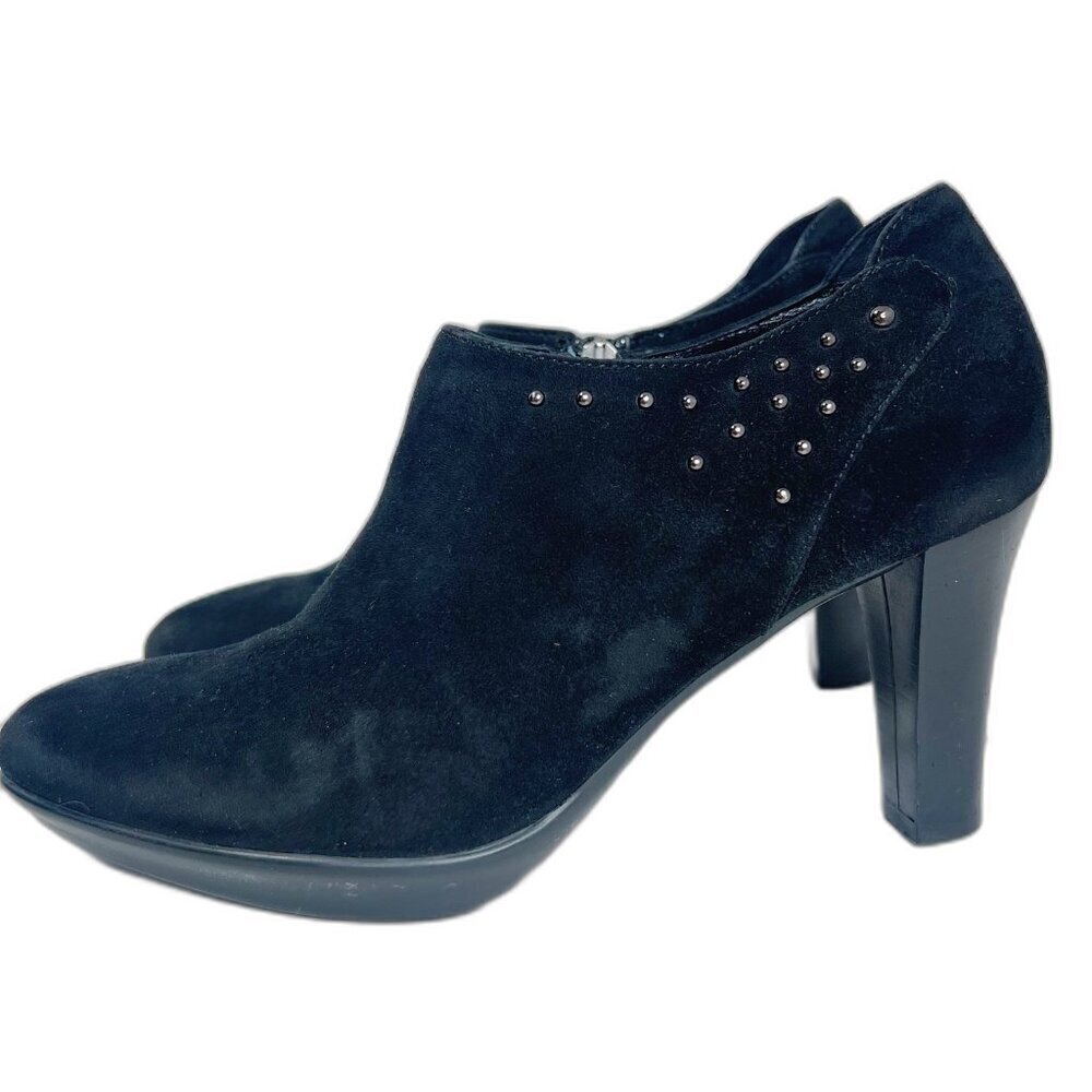 Aquatalia Rosy Bootie Black Suede Studded Heeled Ankle Boot Leather Size 7